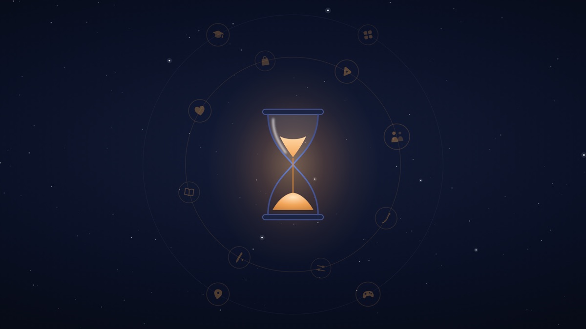 Precursor brand scene: a central hourglass ringed by twelve app-category glyphs orbiting like satellites, over a deep starfield.