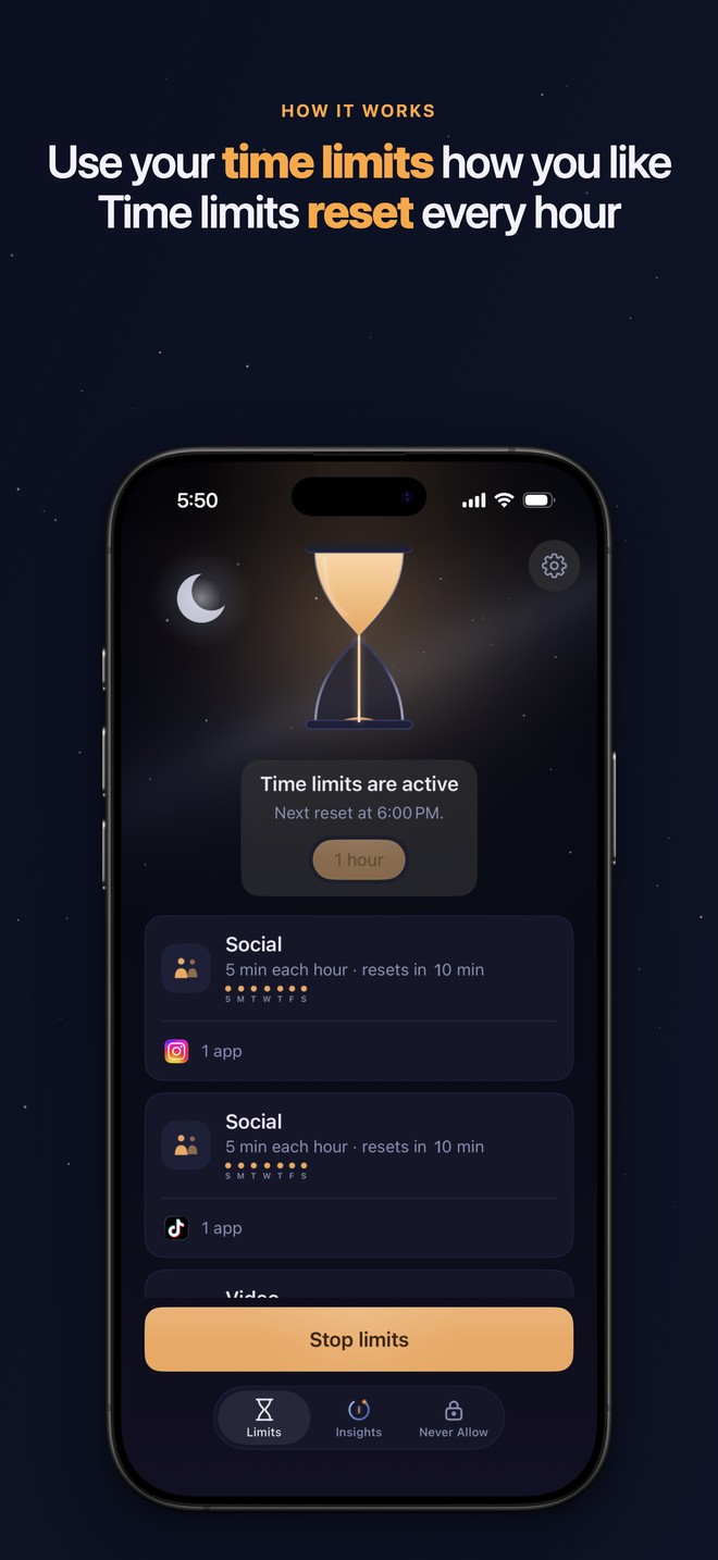 How it works: use your time limits how you like, and they reset every hour