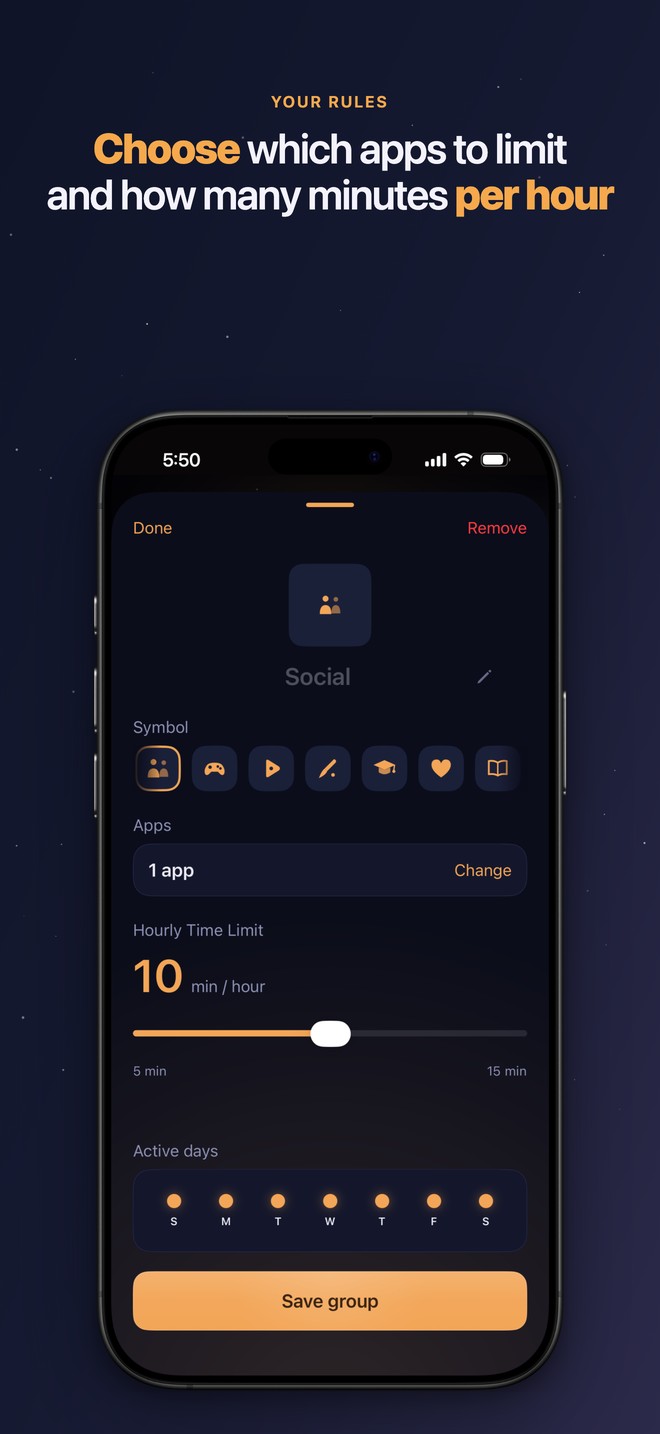 Choose which apps to limit and how many minutes per hour